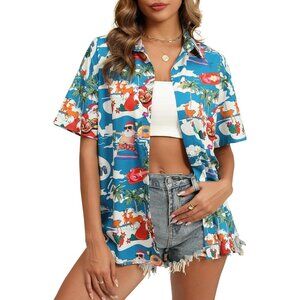 Womens Hawaiian Button Down Shirts Short Sleeve Casual Floral Tropical Shirt